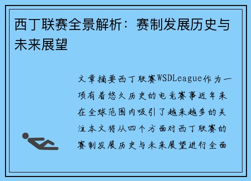 西丁联赛全景解析：赛制发展历史与未来展望