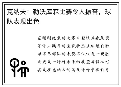 克纳夫：勒沃库森比赛令人振奋，球队表现出色