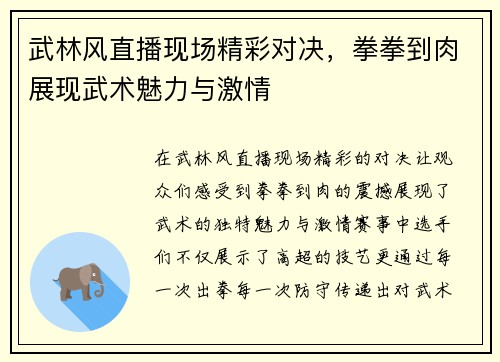 武林风直播现场精彩对决，拳拳到肉展现武术魅力与激情